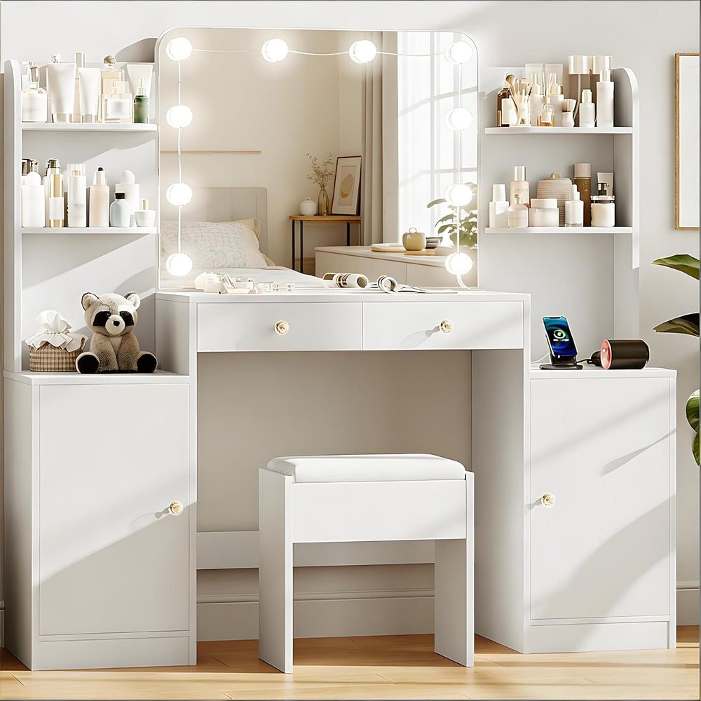 wanan Vanity with Chair, Large Vanity Set with Mirror, Lights & Outlet | ...