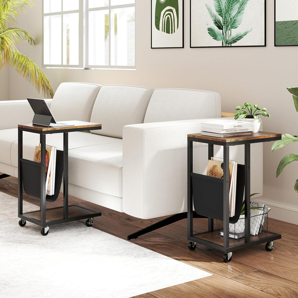 Giantex C Shaped End Table with Rolling Wheels, Sofa Side Table with Magazine...