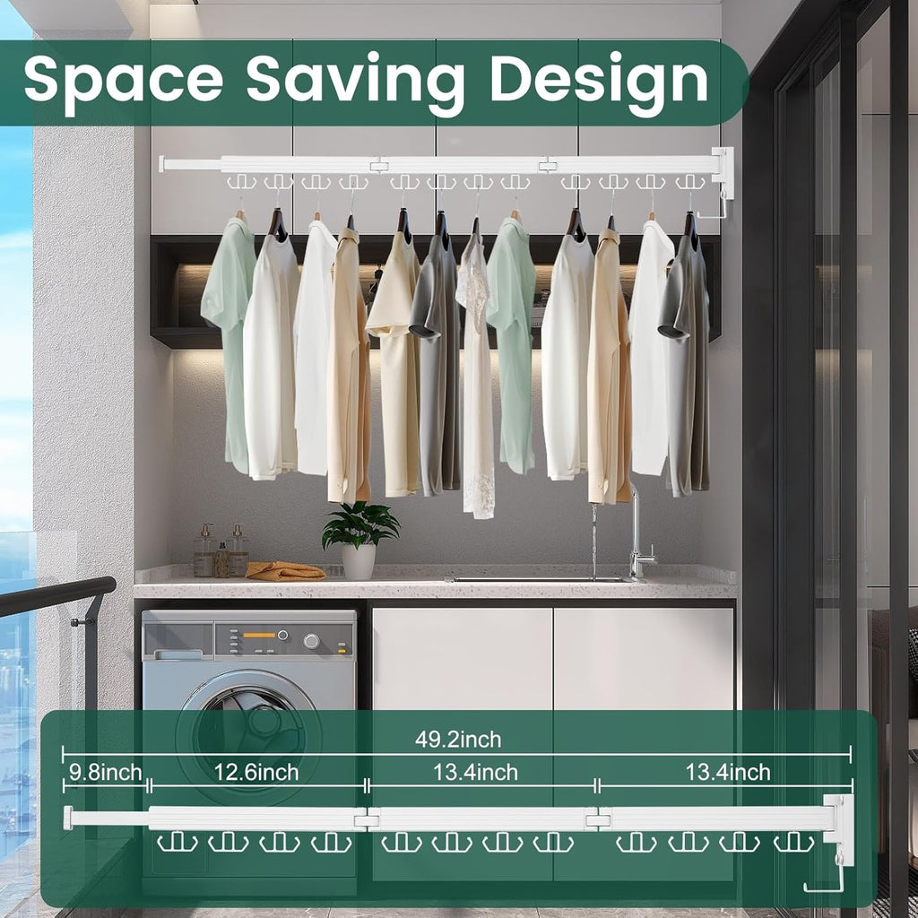 Wall Mounted Clothes Drying Rack, Laundry Drying Rack Wall Mount, 3-Fold Drying Rack Clothing, Foldable Clothes Drying Rack with 12 Dual Hooks Organization for Laundry Room Indoor - White