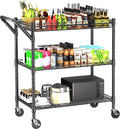 REGILLER 3 Tier Heavy Duty Rolling Utility Cart,18" D x 30" W x 36.6" H Rolling Carts with Wheels,Commercial Grade Metal with Handle Bar & Shelf Liner,Trolley Serving Storage Cart for Kitchen Black