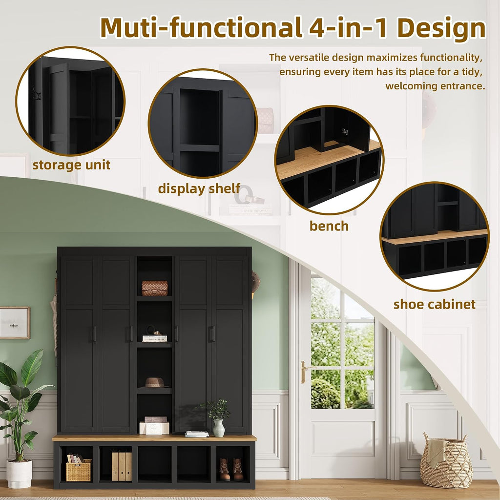 Modern 63'' Wide Hall Tree with 6 Hidden Hanging Hooks, Brown Wood Grain Minimalist Shoe Cabinet with Open Compartments, Entryway Coat Rack for Living Room Hallway (Black-4.23)