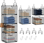 Hanging Closet Organizer, 4 Tier Metal Closet Organizers and Storage with 4 Hanging Hooks 4 S-Hooks for Wardrobe Laundry Room, Wire Storage Shelf for Clothes Sweaters Pants (Black)