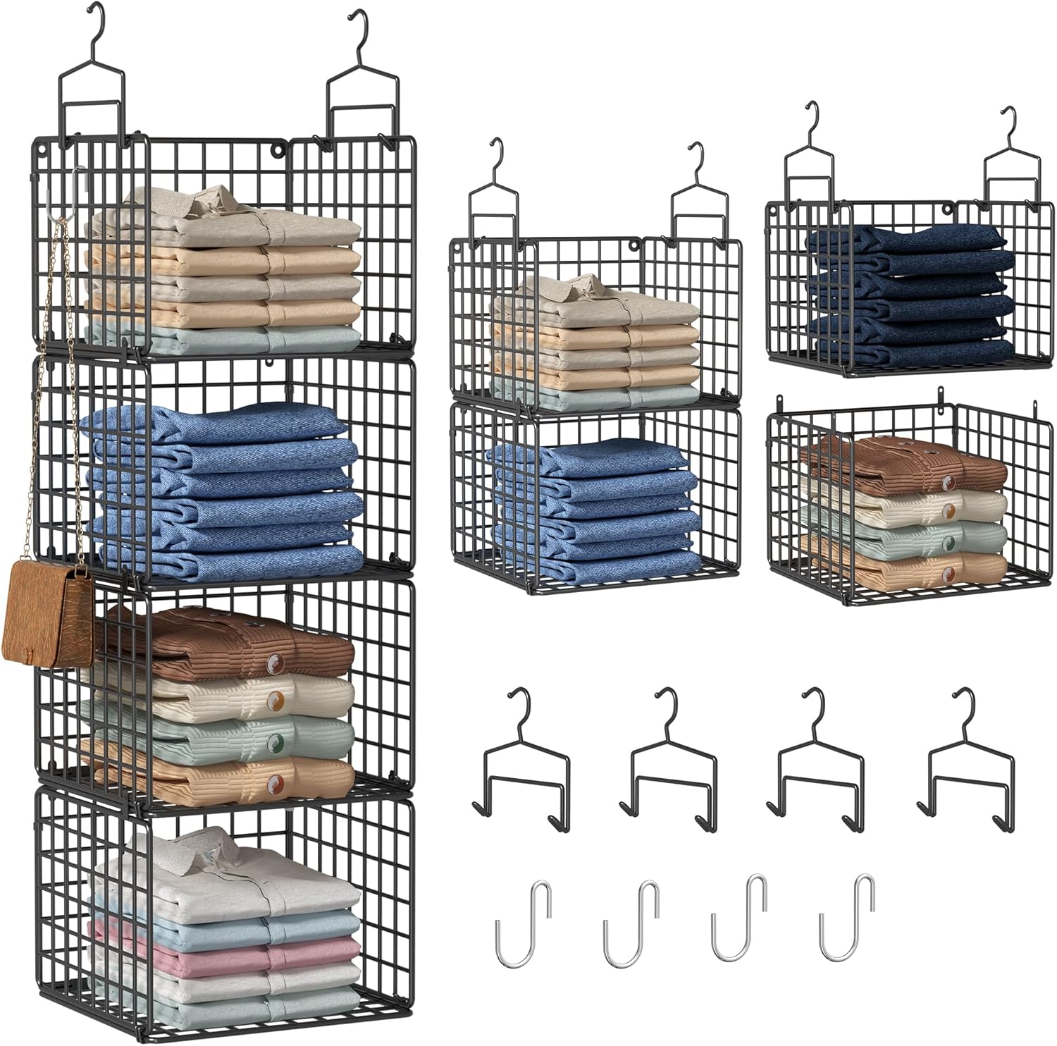 Hanging Closet Organizer, 4 Tier Metal Closet Organizers and Storage with 4 Hanging Hooks 4 S-Hooks for Wardrobe Laundry Room, Wire Storage Shelf for Clothes Sweaters Pants (Black)