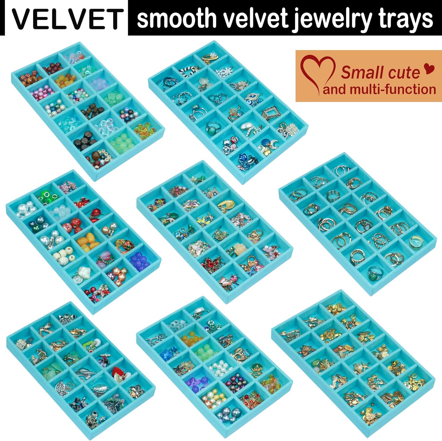 12 Pack Stackable Velvet Jewelry Organizer Trays for Drawers Earring Organizer Inserts Necklace Storage Ring Bracelet Display Case, 216 Grids, Blue