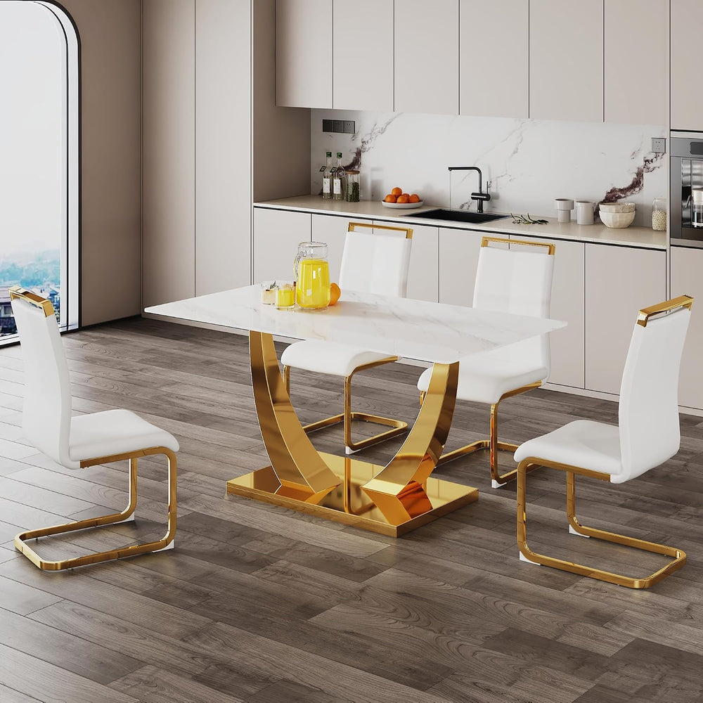 White and Gold Dining Table Set for 4, Faux Marble Dining Room Table Set for ...