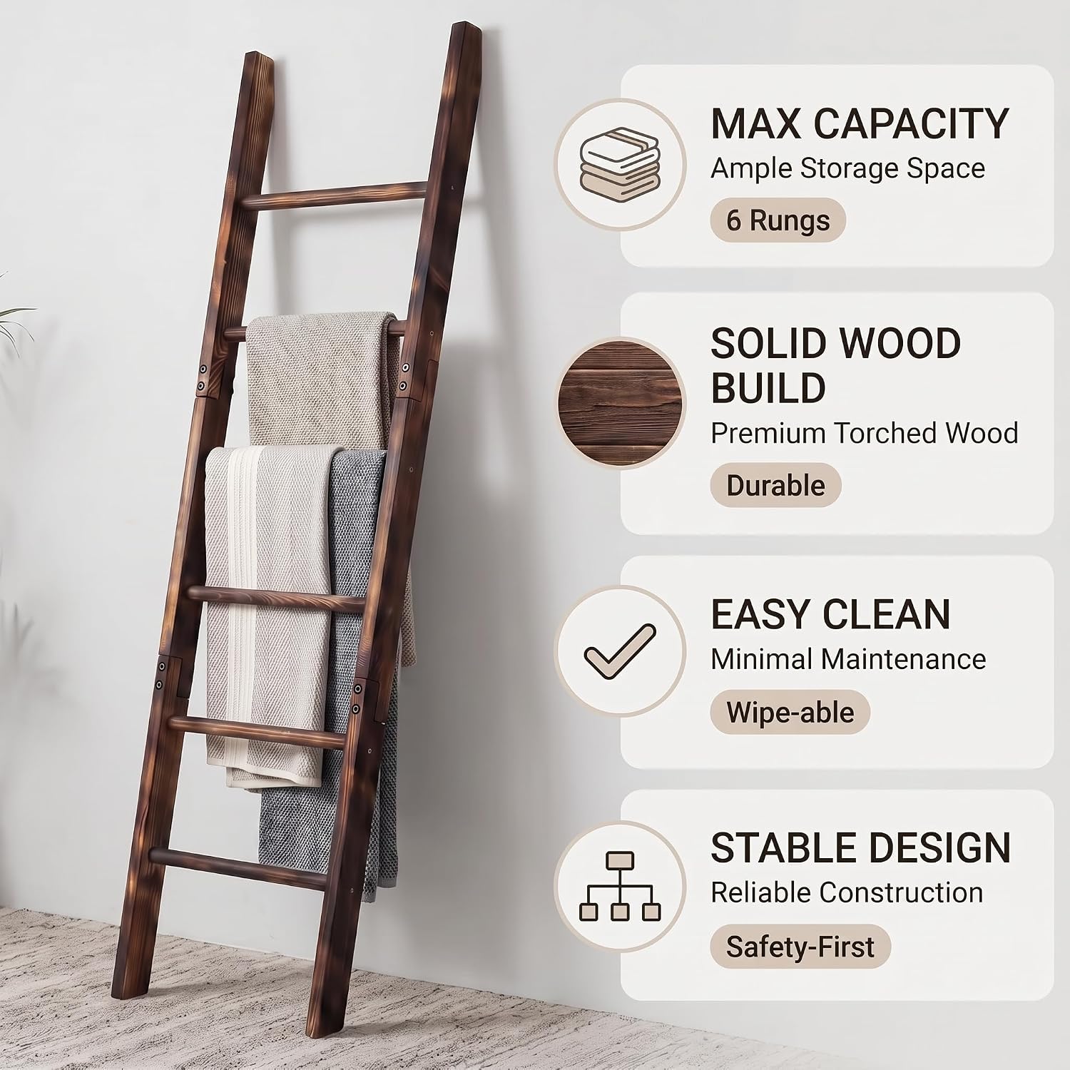 Carbonized Farmhouse Blanket Ladder, 6-Tier Rustic Wooden Rack | Reinforced Construction,3lbs Per Tier,Holds Clothes Scarves Belts,Christmas Decor Friendly,Fits All Home Styles,Easy to Clean
