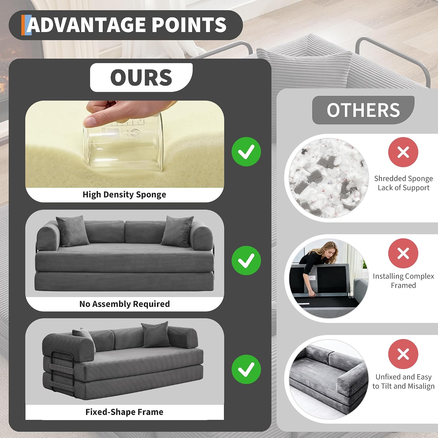 IDEALHOUSE 79" Convertible Futon Sofa Bed, Boneless Couch for Living Room | Folding Corduroy Sleeper Sofa, Modular Pull Out Couch with Pillows, Loveseat,No Assembly | Gray