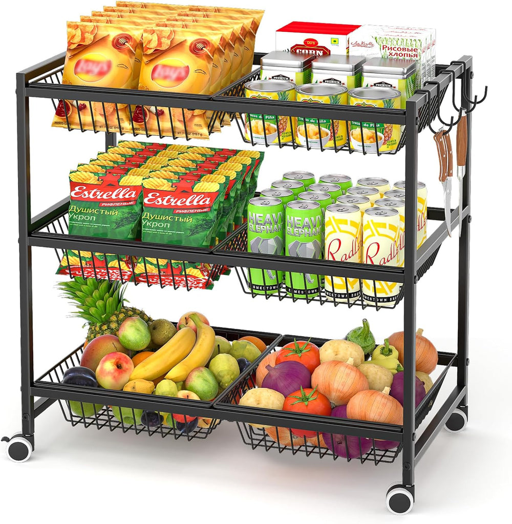 3-Tier Rolling Pantry Floor Organizer Cart with 6 Detachable Baskets, Metal W...