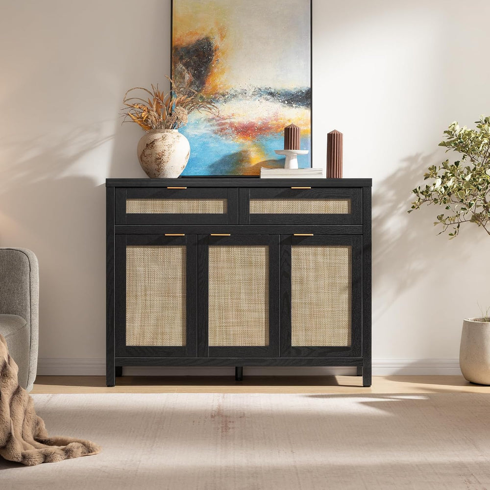 SICOTAS Rattan Sideboard Buffet Cabinet with Storage, Boho Credenza Accent Ca...