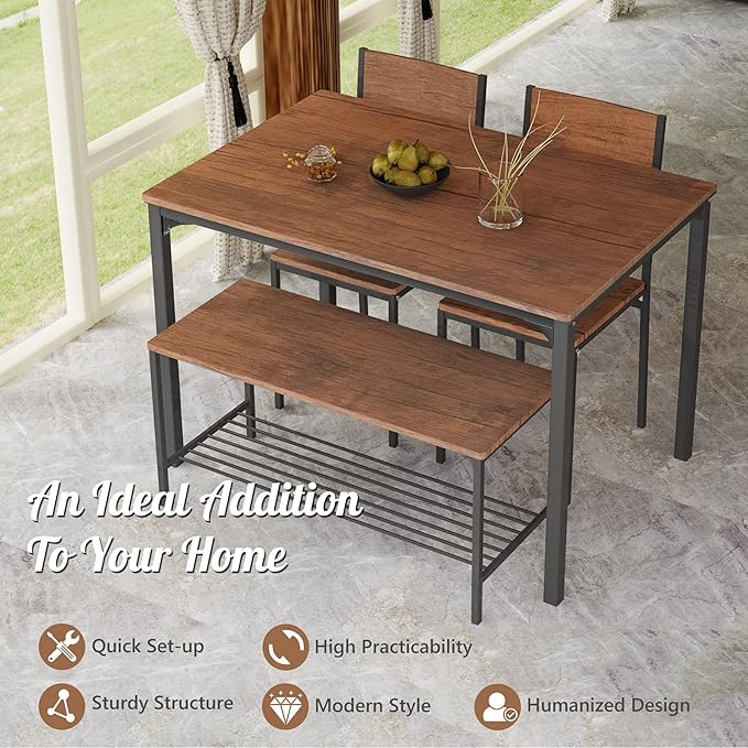 Giantex Dining Table Set for 4, 43" Kitchen Table and Chairs, Dining Bench with Metal Frame & Storage Rack, 4-Piece Modern Functional Desk Set for Dinette, Small Space, Apartment, Restaurant, Walnut