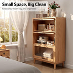 Solid Wood Bookcase with Glass Doors, 3 Shelf Bookshelves and Bookcases, Mid Century Modern Bookshelf with Glass Doors, Kitchen Pantry Cabinet (Natural, 31.5" W)