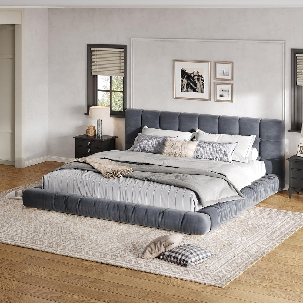 King Size Velvet Upholstered Low Profile Platform Bed with Channel Tufted Hea...