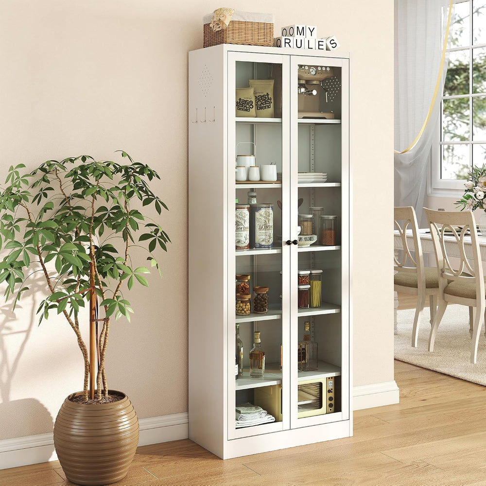 Metal Kitchen Pantry Cabinet - 72" Tall Sideboard Storage Case with Glas...