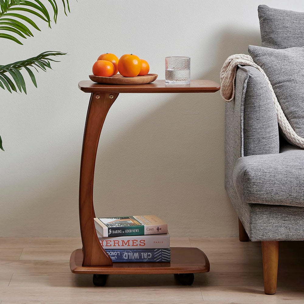 C-Shaped End Table with Wheels,Walnut Color(18.1" Dx13.7 W x24.8 H) | Ro...