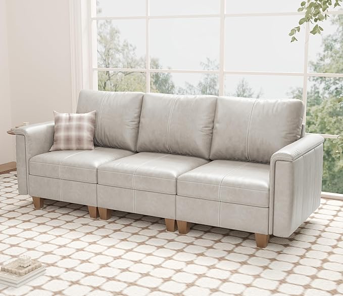 SITJOY 91" Faux Leather Modular Sectional Sofa with Storage, Mid Century Modern Sectional Couches for Living Room, Soft Padded Armrests, 3 Seater Couch, Greige