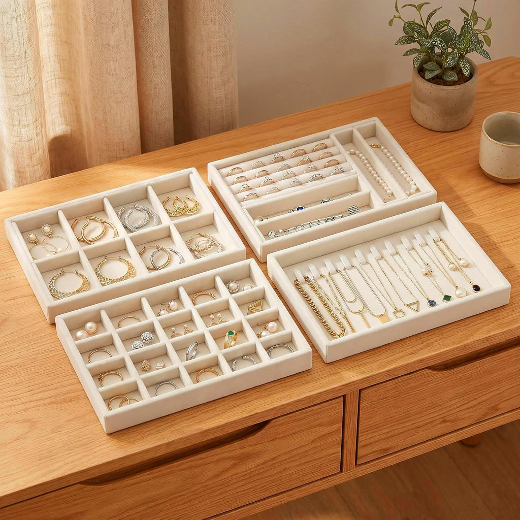Velvet Jewelry Drawer Organizer Trays, 4 Pack Stackable Jewelry Storage Inserts Set, Beige Jewelry Tray Set with Removable Dividers for Earrings, Necklaces, Rings, Bracelets for Vanity & Dresser