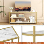 Function Home TV Stand for TVs up to 55 Inch, 3 Tier Entertainment Center, Media Console with Open Storage Shelves for Living Room Bedroom, 47” Modern TV Table with Faux Marble Top Gold Metal Leg