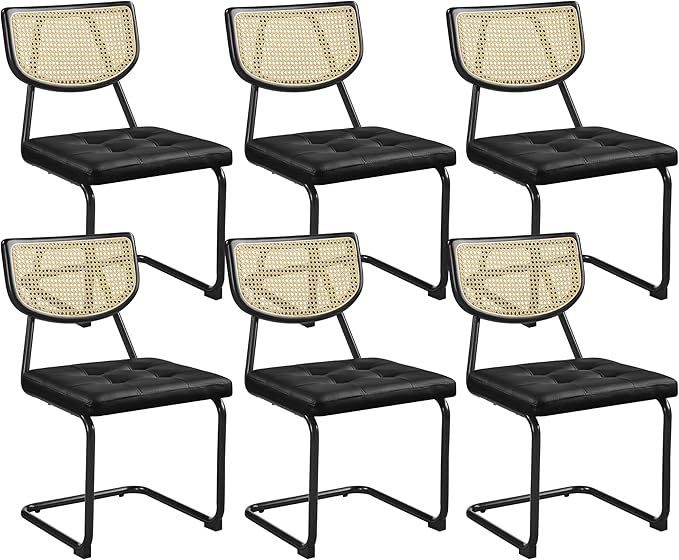 Yaheetech Rattan Dining Chairs Set of 6 Mid Century Modern Dining Room Chairs with Chrome Legs and Rattan Back for Home Kitchen, Faux Leather, Black