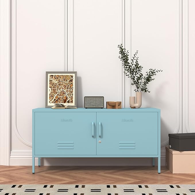 Blue Lockable Metal TV Stand Entertainment Center, Heavy Duty Storage Cabinet Supports 80+ Inch TVs, Multifunctional Media Console for Home Living Room Office 22" H X 35.4" W X 13.8" D