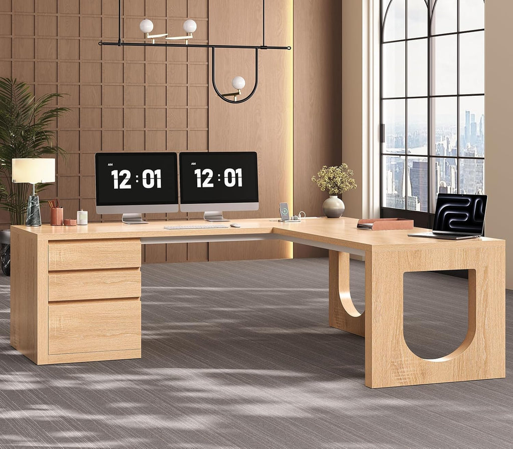 SEDETA 63" L Shaped Desk with 3 Drawers, Modern Executive Office Desk with File Drawer, Wood Corner Computer Desk with Relief Texture, Home Office Desk with Power Outlet, Natural