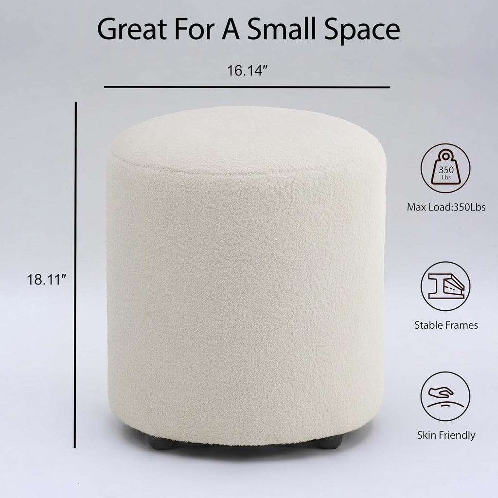Modern Round Vanity Stool, Small Ottoman, Cute Fabric Foot Stool, Teddy Fleece Footrest, Upholstered Vanity Chair, Stool for Makeup, Bedroom, Living Room (1, Round-White)