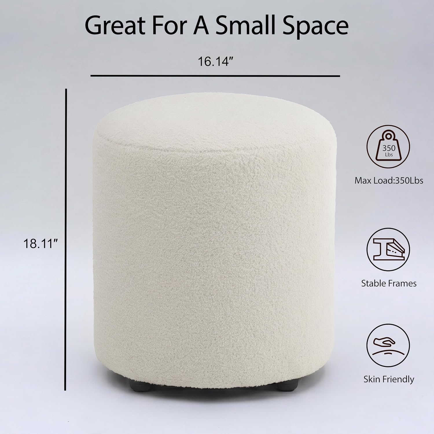 Modern Round Vanity Stool, Small Ottoman, Cute Fabric Foot Stool, Teddy Fleece Footrest, Upholstered Vanity Chair, Stool for Makeup, Bedroom, Living Room (1, Round-White)