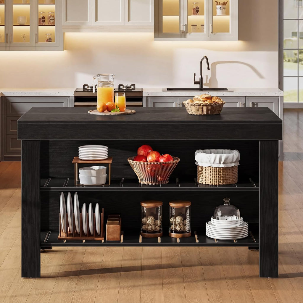 Tribesigns Kitchen Island with Seating and Storage Shelves, 55.1-Inch Breakfast Counter Farmhouse Island Table for Kitchen Dining Room (Black)