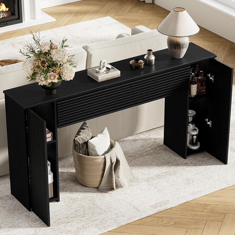 FABATO 61” Fluted Long Console Table with 2 Hidden Storage Cabinets, Black