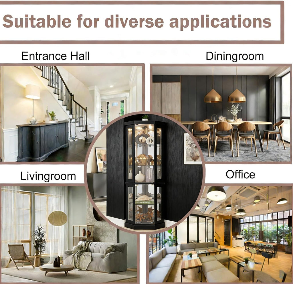 70" Lighted Corner Curio Cabinet,Inside Mirror Corner Glass Display Case with Tempered Glass Door for Living Room, Antique Collectibles, Wine & Bar Glass Storage, Lights Included
