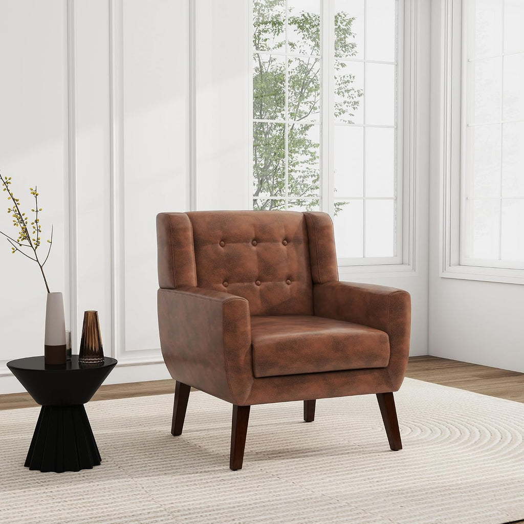 PU Leather Accent Chair, Modern Upholstered Armchair, Coffee | Comfy Wingback Chair with Removable Cushion, Wood Frame, Button Tufted Living Room Chair Bedroom Side Reading Seat