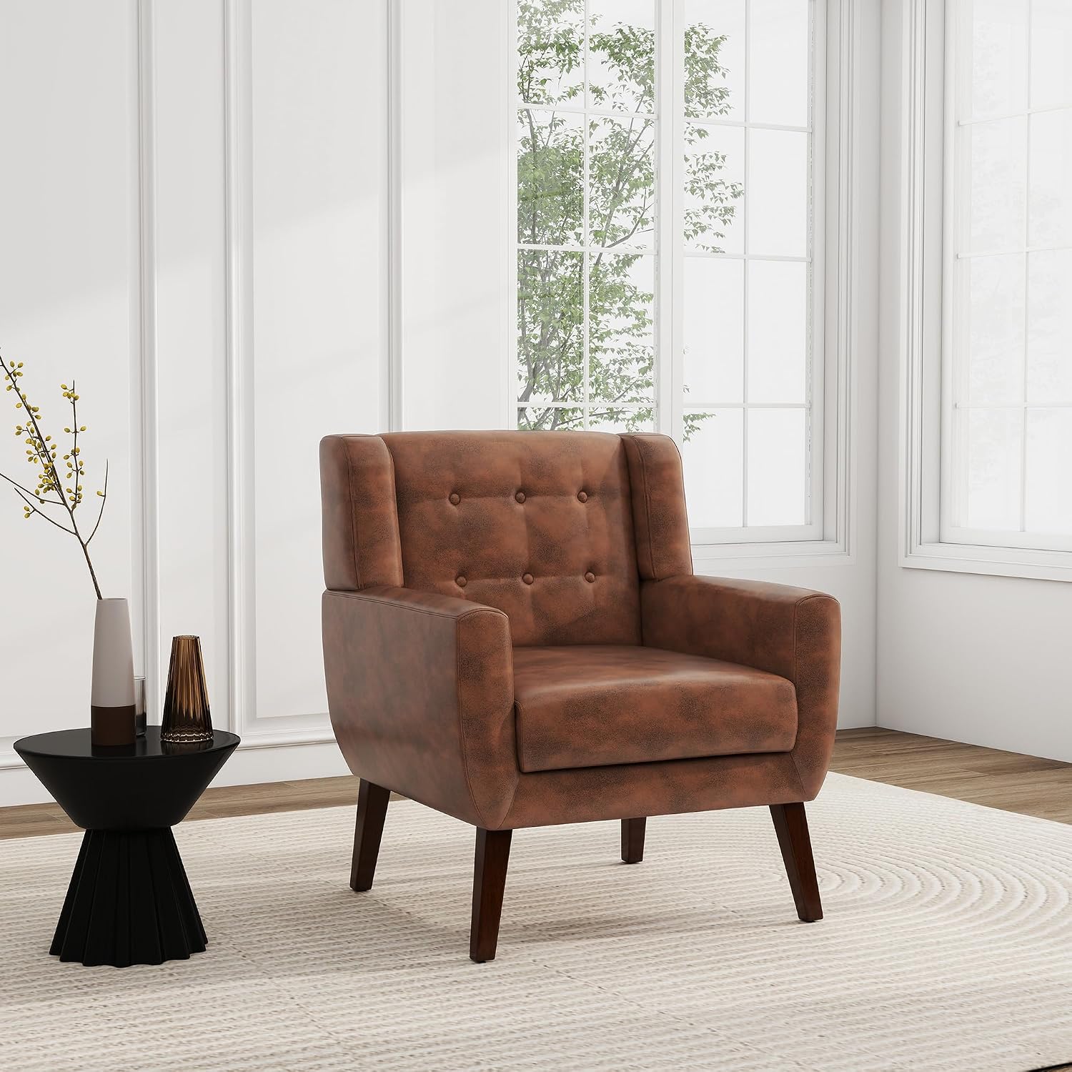 PU Leather Accent Chair, Modern Upholstered Armchair, Coffee | Comfy Wingback Chair with Removable Cushion, Wood Frame, Button Tufted Living Room Chair Bedroom Side Reading Seat
