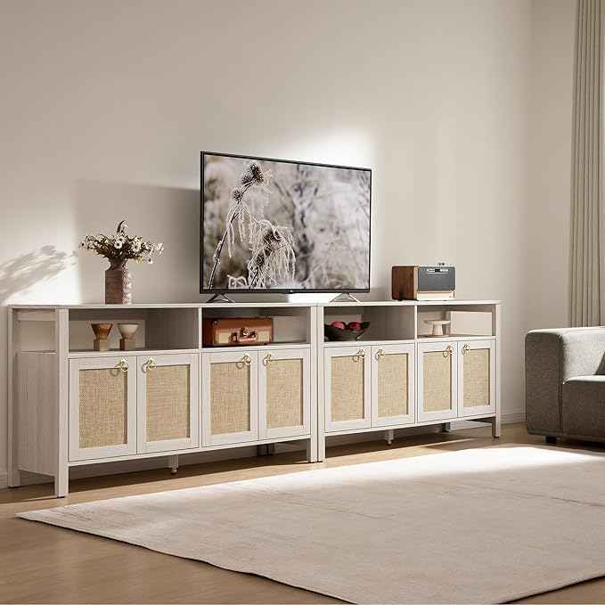 SICOTAS Rattan TV Stand for Television up to 120" - Large Entertainment Center with Storage and Open Shelves, Boho Media TV Console Cabinet with Doors and Adjustable Shelf for Living Room