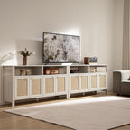 SICOTAS Rattan TV Stand for Television up to 120" - Large Entertainment Center with Storage and Open Shelves, Boho Media TV Console Cabinet with Doors and Adjustable Shelf for Living Room
