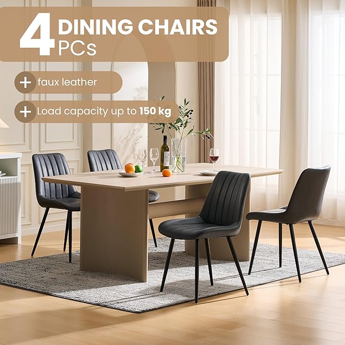 CLIPOP Dining Chairs Set of 4, Upholstered Kitchen Chairs with Comfortable Faux Leather Seat, Metal Legs, Modern Black Leather Dining Chairs, Easy Assembly