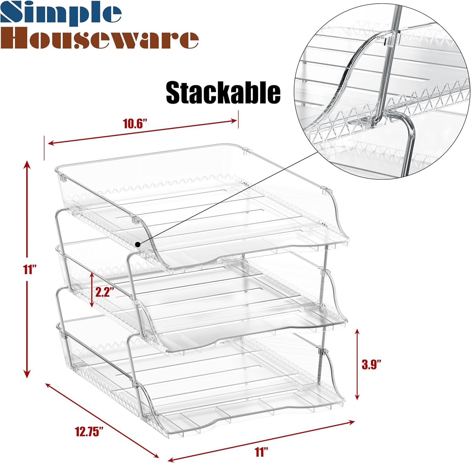 Simple Houseware 3-Tier Crystal Clear Stackable Document Letter Tray Paper Organizer - Desk Organizer for A4/Letter Size Documents, File Sorter, Paper Holder, Office Desktop File Storage, Acrylic Look