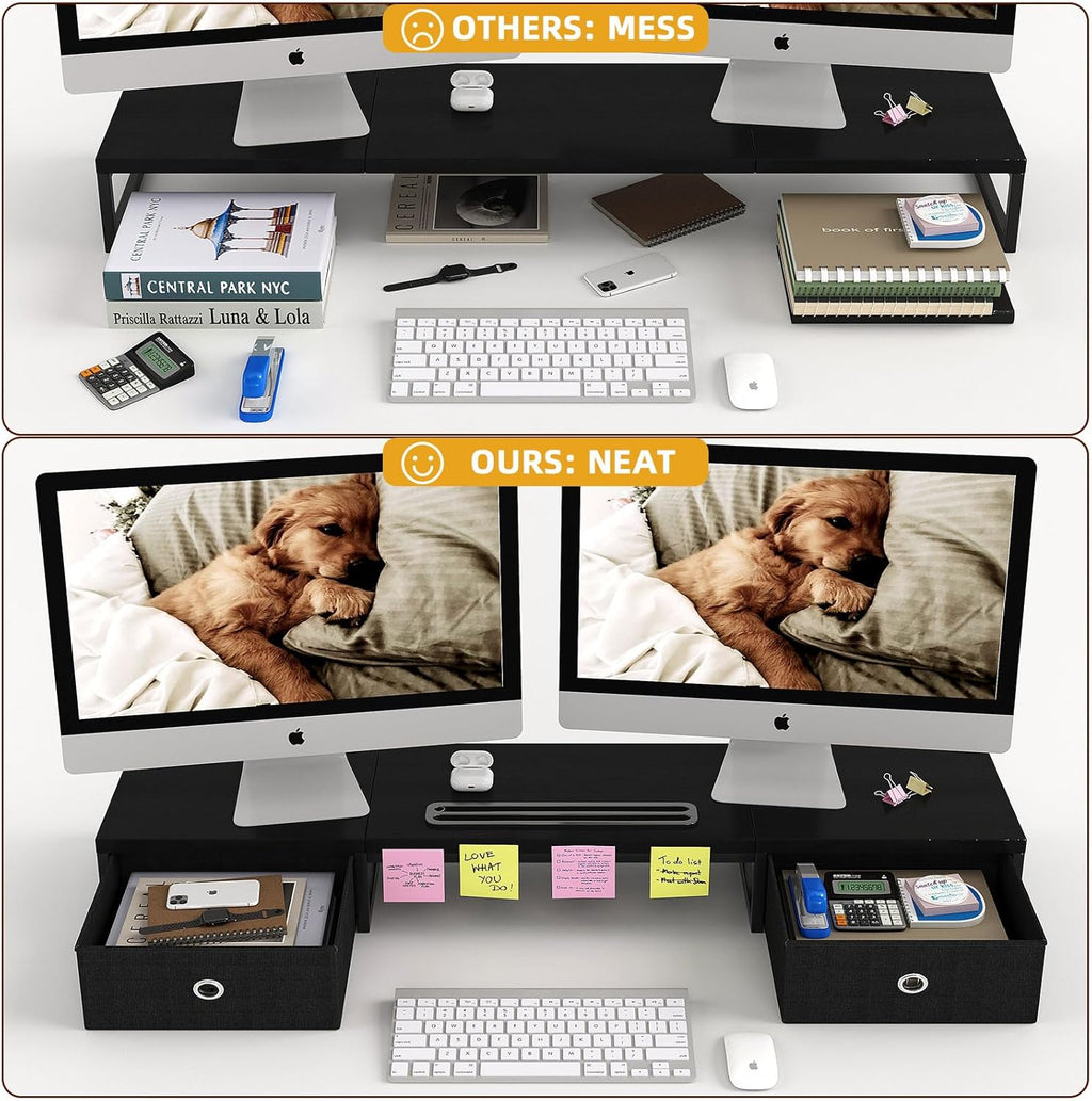 Dual Monitor Stand Riser with 2 Drawers - 39Inch Large Storage Computer Monitor Stands for 2 Monitors, Wooden Desktop Organizer Perfect for Home Office Desk, Computer, Laptop, TV, Black