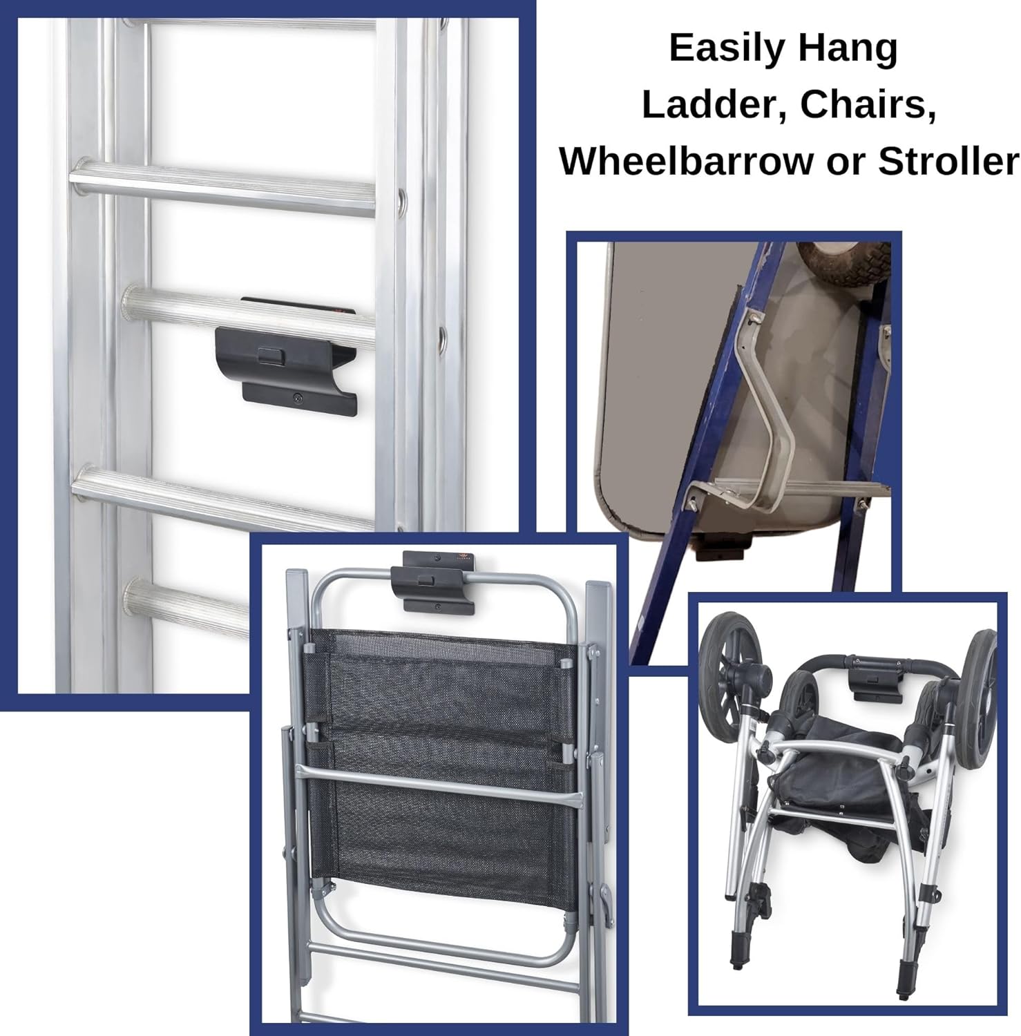 Ladder Hanger set of 2 For Garage Wall - Black Heavy Duty Utility Hook For Wall Mount Ladder Storage. Versatile Tool Holder To Maximize Space In Shed, Workshop, Garden, Hang Wheelbarrow, Folding Chair