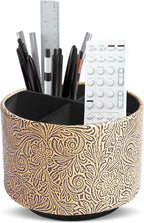 lizimandu Round Leather Art Supply Organizer,Remote Control Holder,360 Degree Spinning,Multi-Functional Pencil Holder,4 Compartments Desktop Stationary Organizer(1-Yellow Black)