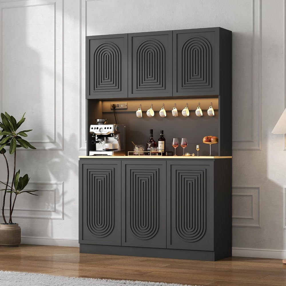 71" Black Kitchen Pantry with Power Outlet, Kitchen Hutch with LED Light...
