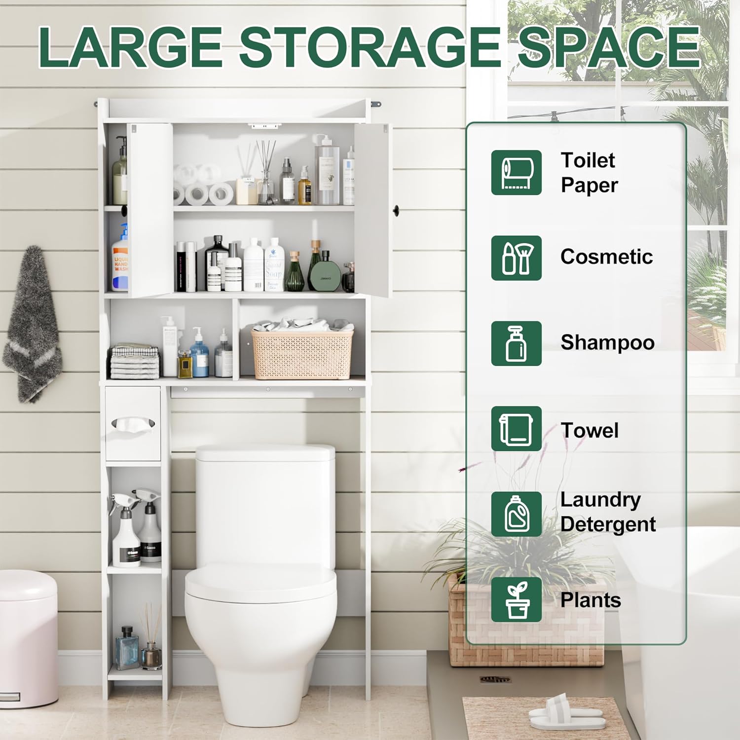 Over The Toilet Storage Cabinet with 2 Barn Door and Toilet Paper Holder Stand, Adjustable Shelf, Freestanding Organizer for Bathroom, or Laundry Room, White