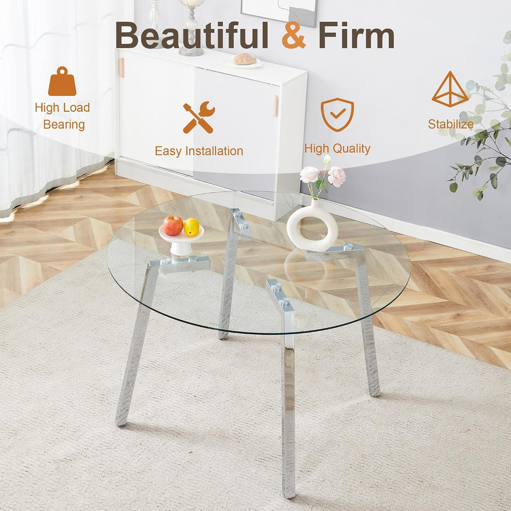 Clear Round Glass Top Dining Set for 4, 42'' Modern Luxury Circle Din...