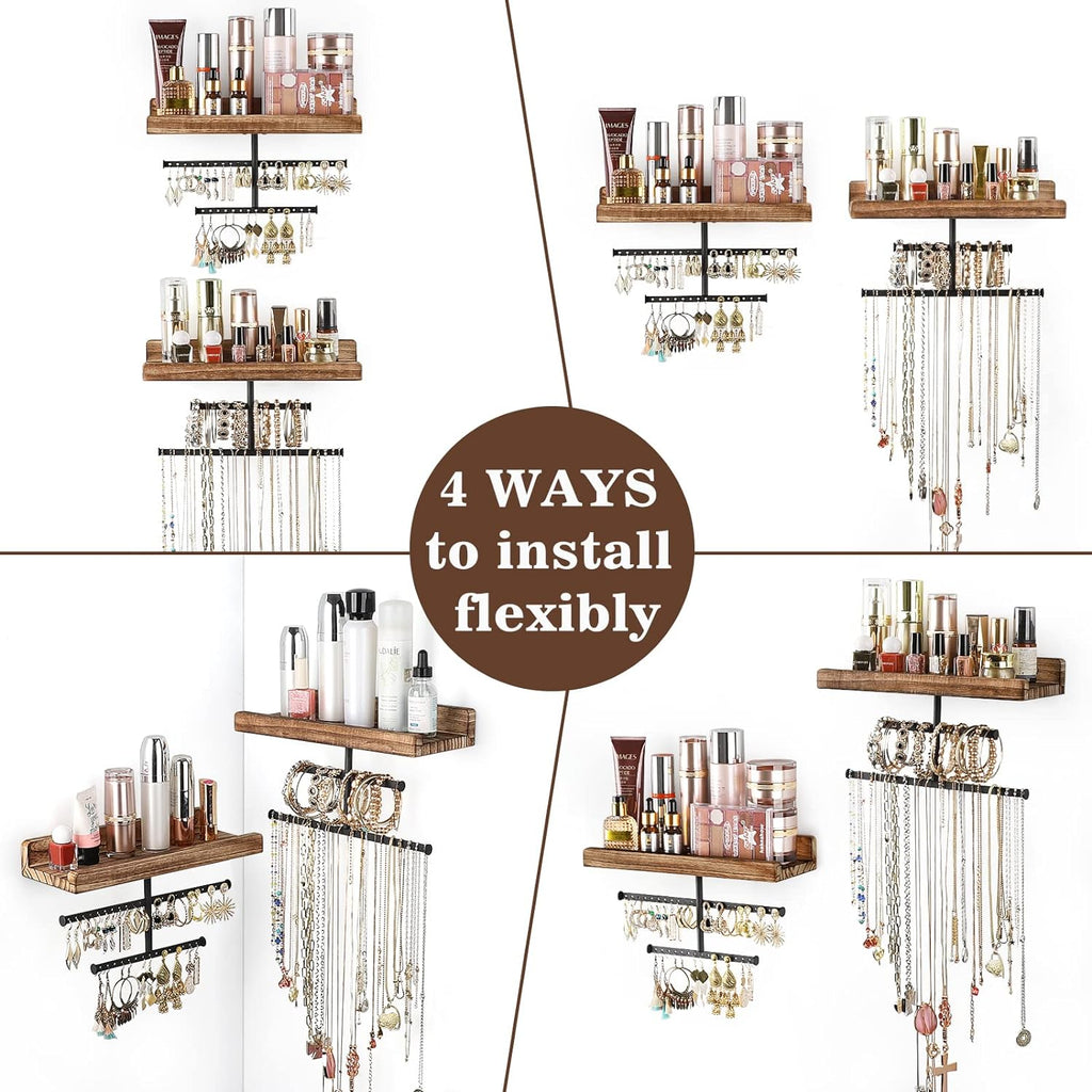 Keebofly Hanging Wall Mounted Jewelry Organizer with Rustic Wood Jewelry Holder Display for Necklaces Bracelet Earrings Ring Set of 2 Carbonized Black,[Patented]