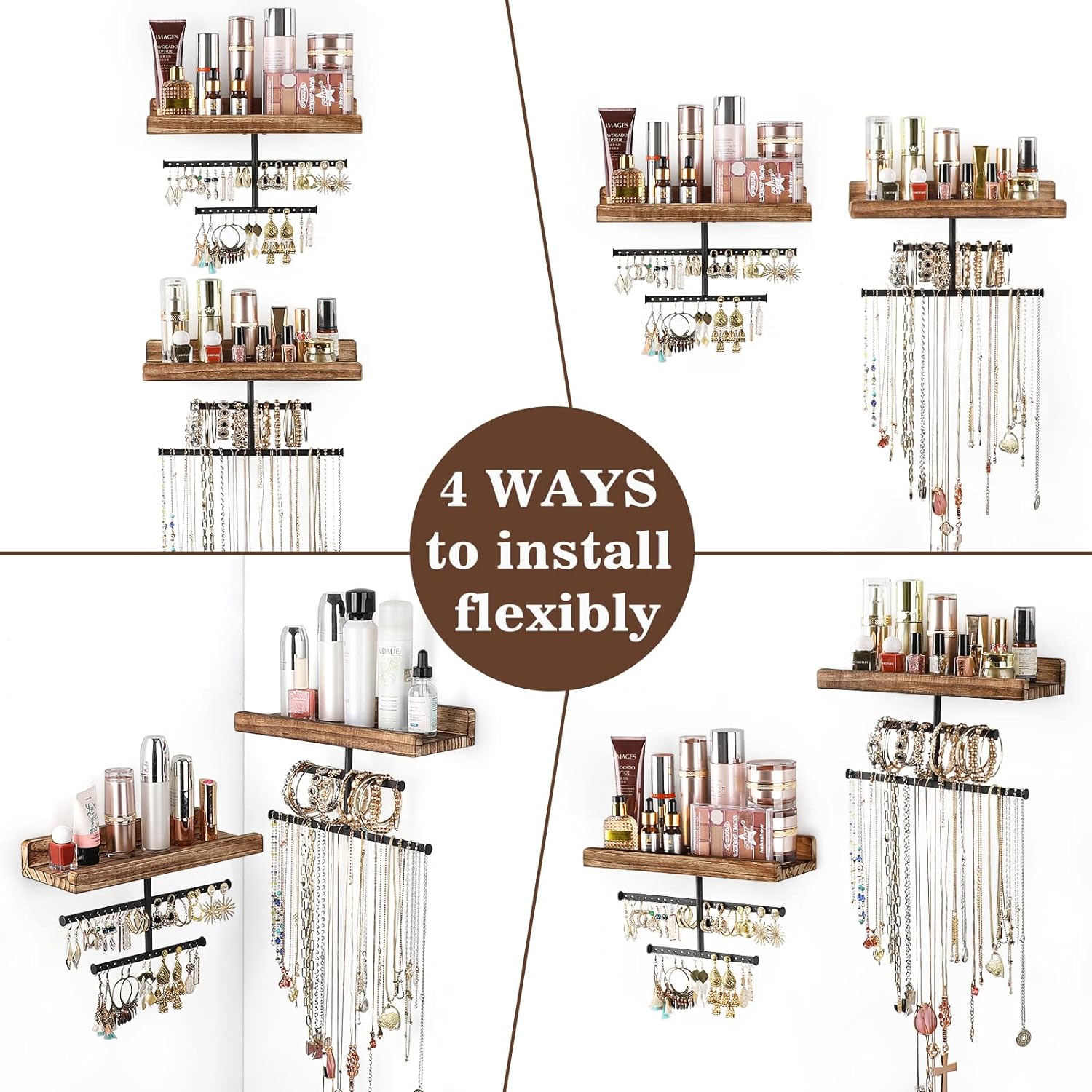 Keebofly Hanging Wall Mounted Jewelry Organizer with Rustic Wood Jewelry Holder Display for Necklaces Bracelet Earrings Ring Set of 2 Carbonized Black,[Patented]