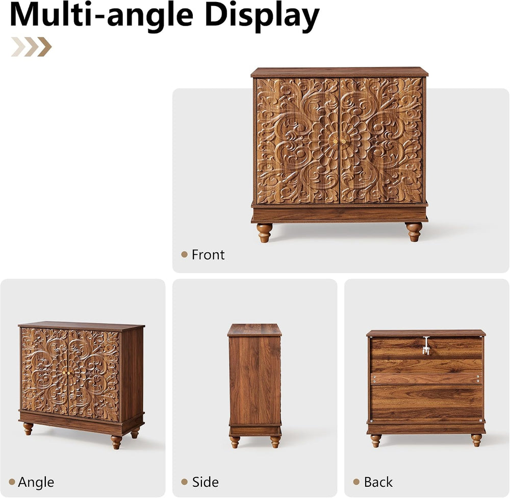 weselon Accent Cabinet with 2 Doors, Farmhouse Carved Buffet Sideboard with A...