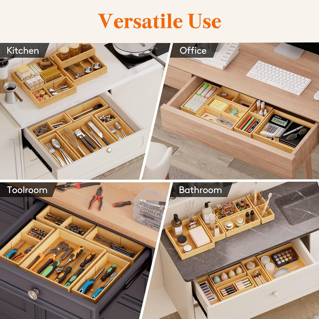Lifewit Drawer Organizers 10 Pack(22 Grid) with 12 Inserts | Adjustable Bamboo Wooden Trays for Utensils, Silverware, Makeup, Kitchen, Bathroom, Office, Vanity Storage