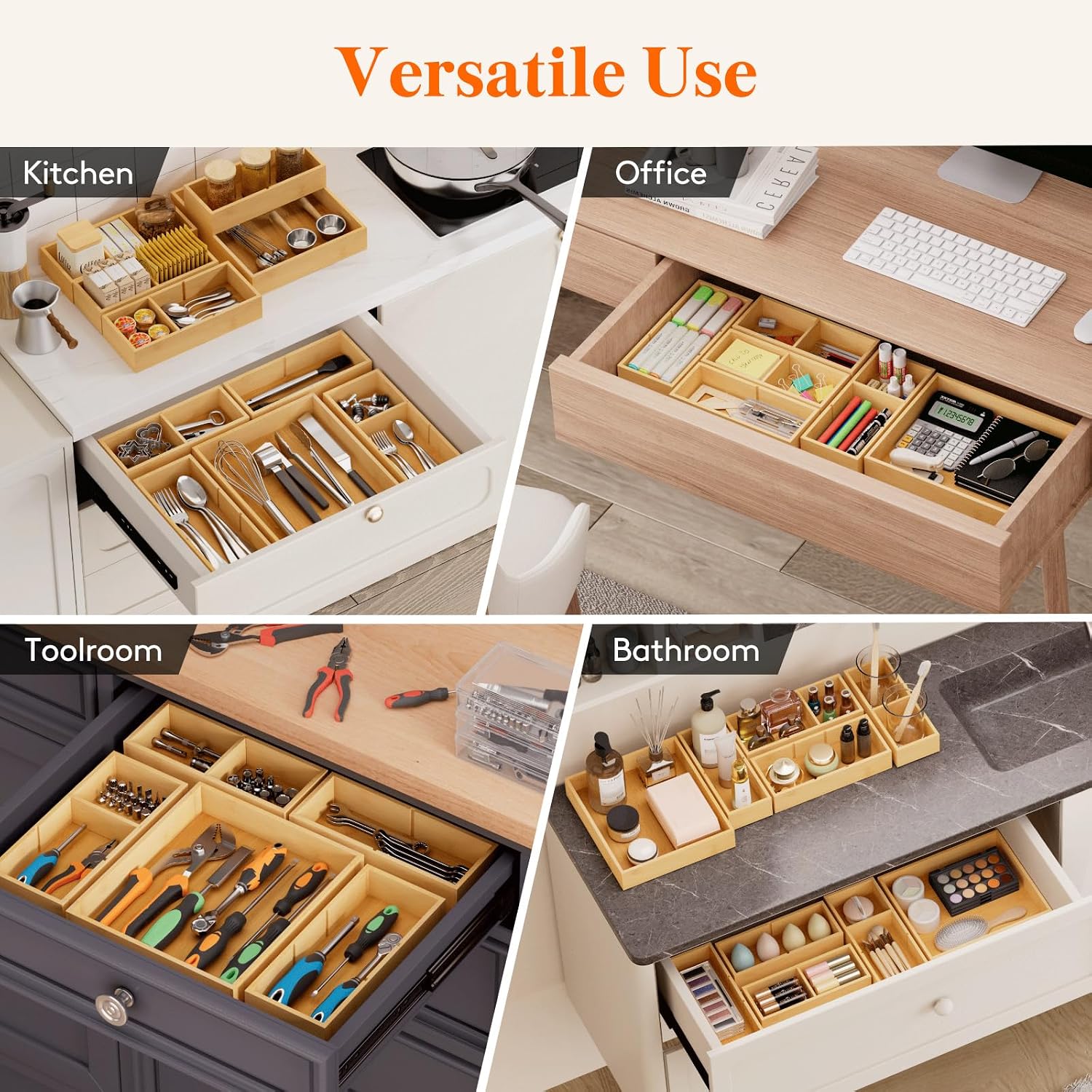 Lifewit Drawer Organizers 10 Pack(22 Grid) with 12 Inserts | Adjustable Bamboo Wooden Trays for Utensils, Silverware, Makeup, Kitchen, Bathroom, Office, Vanity Storage