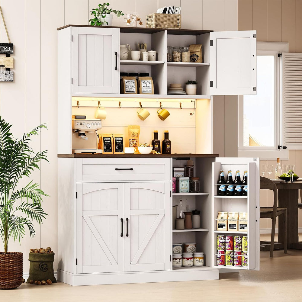 ONBRILL 71" Kitchen Pantry Cabinet with LED Light/Outlet, Off White+Waln...