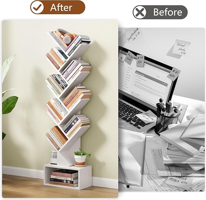 Hoctieon 9 Tier Tree Bookshelf, Tall Bookcase with Drawer, Wood Book Shelf, M...