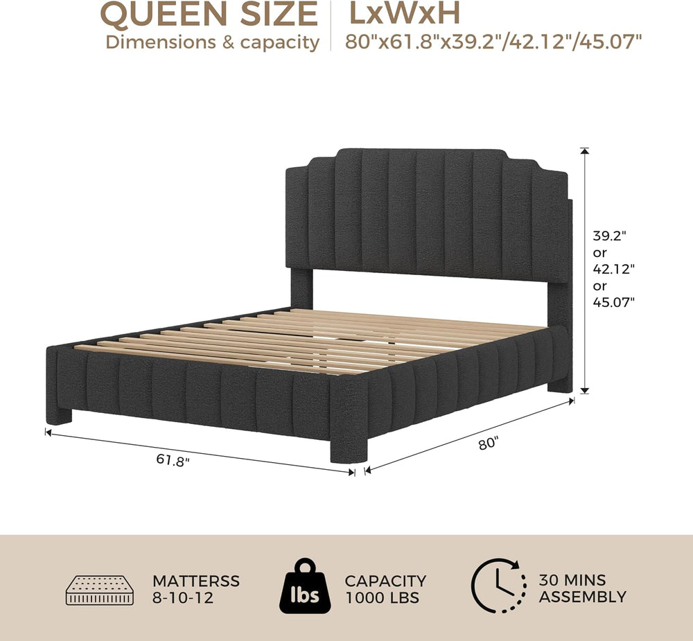 Queen Size Bed Frame with Adjustable Headboard, Grey Boucle Bed Frame