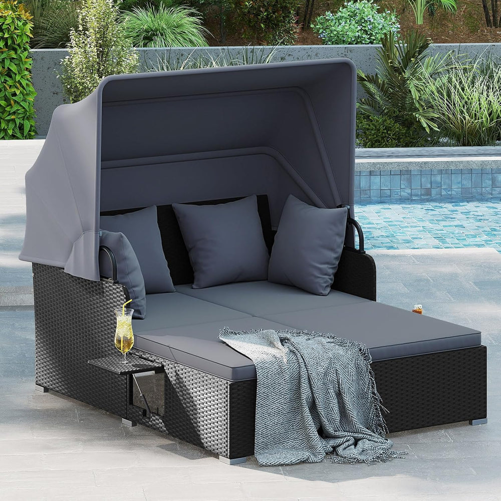 DREAMADE Outdoor Daybed with Canopy, 2 Person Rattan Sunbed with Cushions, 4 ...